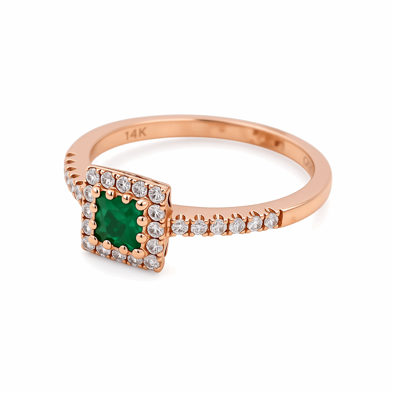 14K Rose Gold  Contemporary Fashion with 0.24Tw Round Diamonds and 0.31Tw Square Cushion Emeralds