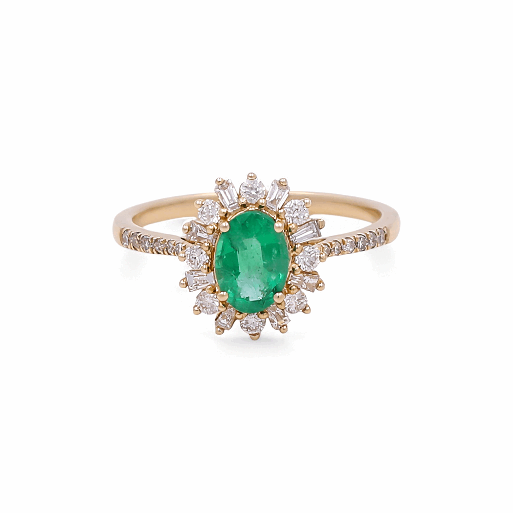 14K Yellow Gold  Oval Fashion with 0.84Tw Oval Emeralds and 0.36Tw Baguette and Round Diamonds