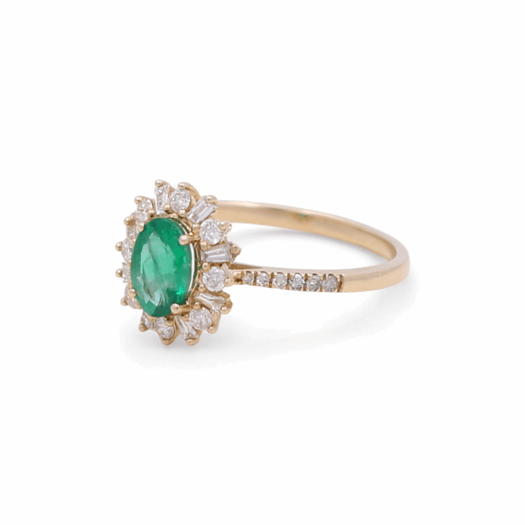 14K Yellow Gold  Oval Fashion with 0.84Tw Oval Emeralds and 0.36Tw Baguette and Round Diamonds