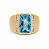 14K Yellow Satin Contemporary Fashion  with Rectangular Cushion Blue Topazs and 0.30 Tw Round Diamonds Men's Ring