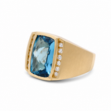 14K Yellow Satin Contemporary Fashion  with Rectangular Cushion Blue Topazs and 0.30 Tw Round Diamonds Men's Ring