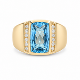 14k Yellow Gold Satin Contemporary Rectangular Cushion Topazs Blue And 0.30Tw Round Diamond Ring Men's
