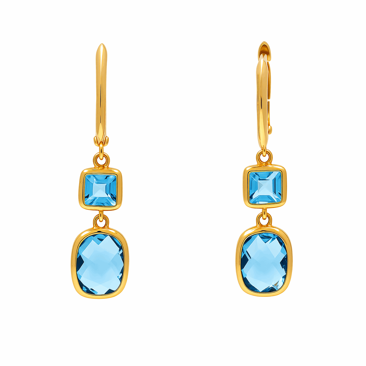 14K  Yellow Gold Drop Earrings with Cushion Blue Topaz