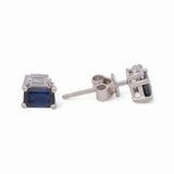 14K White Gold Stud  Earrings with 0.65Tw Rectangular Cushion Sapphires and 0.13Tw Baguette Diamonds