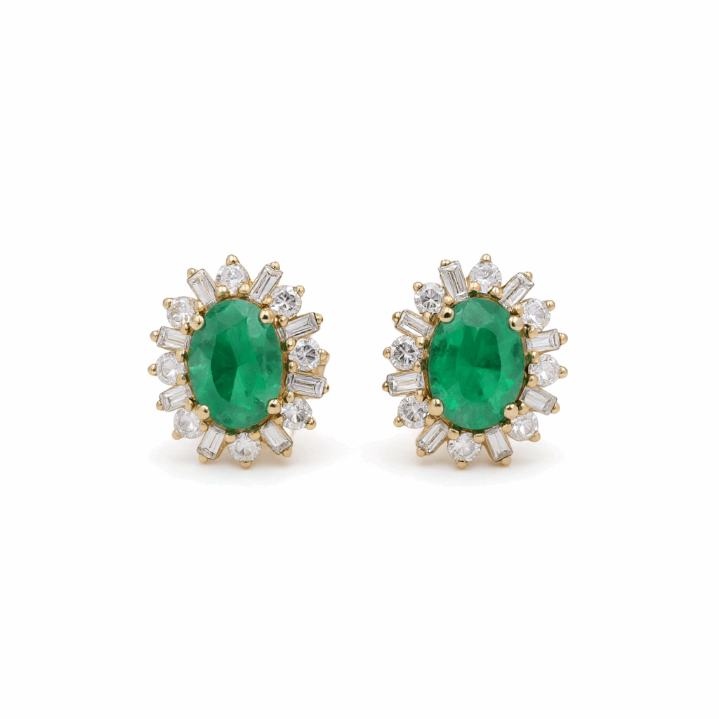 14K  Yellow Gold Oval Stud Earrings with 1.52Tw Oval Emeralds and 0.75Tw Baguette and Round Diamonds
