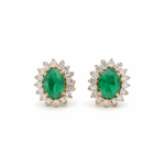 14K  Yellow Gold Oval Stud Earrings with 1.52Tw Oval Emeralds and 0.75Tw Baguette and Round Diamonds