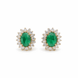 14K  Yellow Gold Oval Stud Earrings with 1.52Tw Oval Emeralds and 0.75Tw Baguette and Round Diamonds