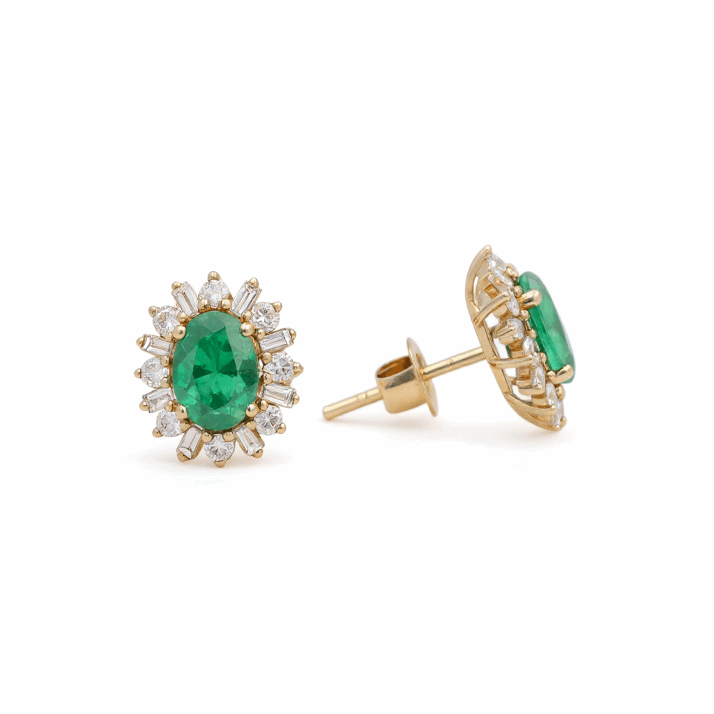 14K  Yellow Gold Oval Stud Earrings with 1.52Tw Oval Emeralds and 0.75Tw Baguette and Round Diamonds