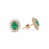 14K  Yellow Gold Oval Stud Earrings with 1.52Tw Oval Emeralds and 0.75Tw Baguette and Round Diamonds