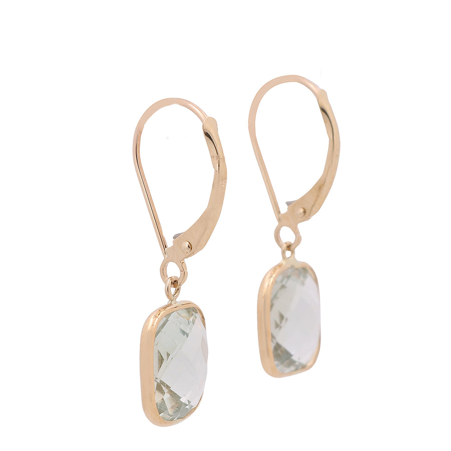 These 14K Yellow Gold Link Earrings by Miral Jewelry feature a touch of sophistication with a beautiful green amethyst stone.