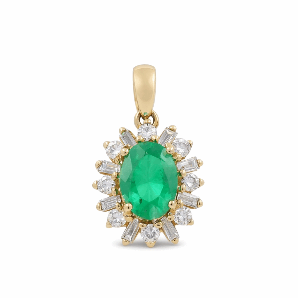 14K Yellow Gold Diamond Cut Oval Pendants with Oval Emeralds and 0.32Tw Baguette and Round Diamonds