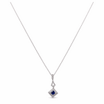 14K White Gold Fancy Necklace 18" with 0.28Tw Round Diamonds and 0.32Tw square Cushion Sapphire