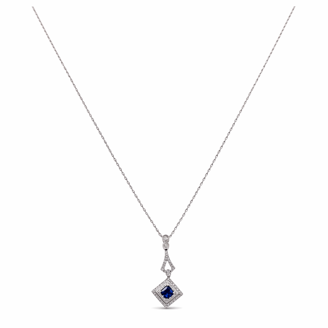 14K White Gold Fancy Necklace 18" with 0.28Tw Round Diamonds and 0.32Tw square Cushion Sapphire