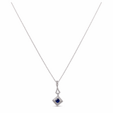 14K White Gold Fancy Necklace 18" with 0.28Tw Round Diamonds and 0.32Tw square Cushion Sapphire