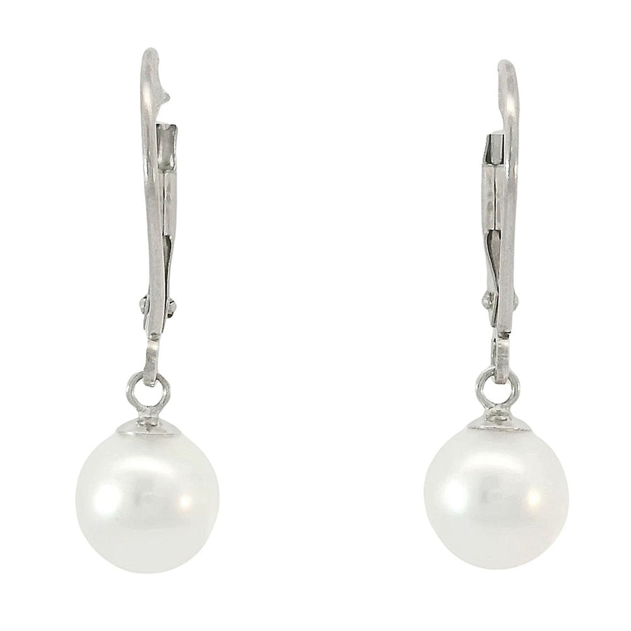 A pair of elegant Miral Jewelry 14K White Gold Pearl Earrings on a sophisticated white background.