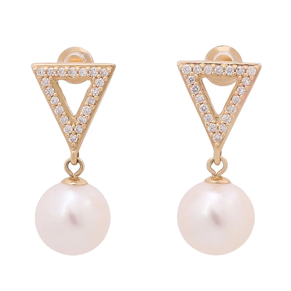 A pair of white pearl and diamond earrings in yellow gold, featuring round diamonds and made with 14K yellow gold from Miral Jewelry.