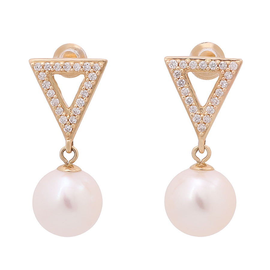 A pair of white pearl and diamond earrings in yellow gold, featuring round diamonds and made with 14K yellow gold from Miral Jewelry.