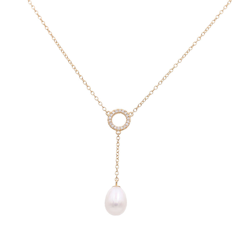 A Miral Jewelry Yellow Gold Necklace 14K With Pearl and Diamonds adorned with a white pearl and diamonds.
