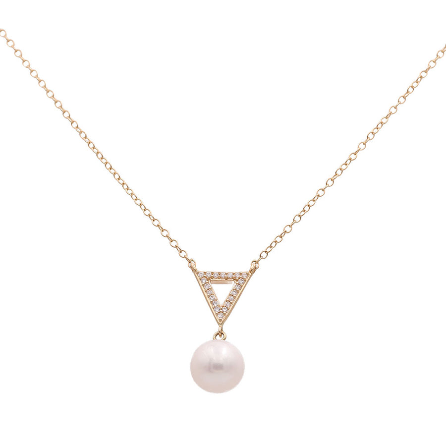 A Miral Jewelry Yellow Gold Necklace 14K With Pearl and Diamonds adorned with a white pearl and diamonds.
