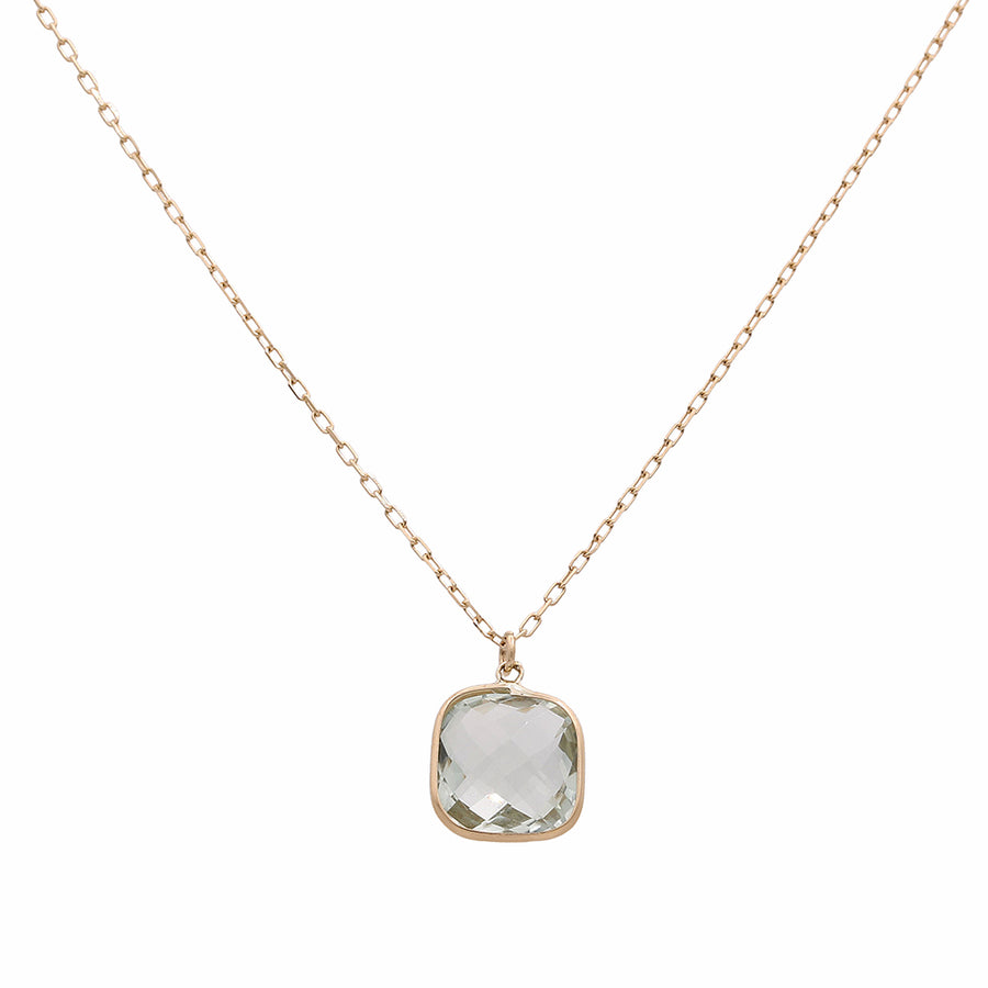 An elegant Women's  Yellow Gold 14k Fancy Link Chain necklace adorned with a green topaz stone, featuring a fancy link chain by Miral Jewelry.