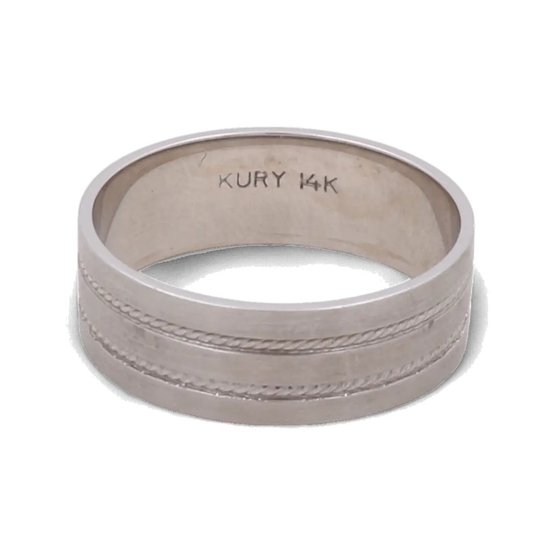 The 14K White Gold Wedding Men Ring by Miral Jewelry features a sleek design with two elegant grooves encircling it and "KURY 14K" inscribed on the inside. An ideal choice for the modern man.