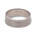 The 14K White Gold Wedding Men Ring by Miral Jewelry features a sleek design with two elegant grooves encircling it and "KURY 14K" inscribed on the inside. An ideal choice for the modern man.