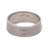 The 14K White Gold Wedding Men Ring by Miral Jewelry features a sleek design with two elegant grooves encircling it and "KURY 14K" inscribed on the inside. An ideal choice for the modern man.