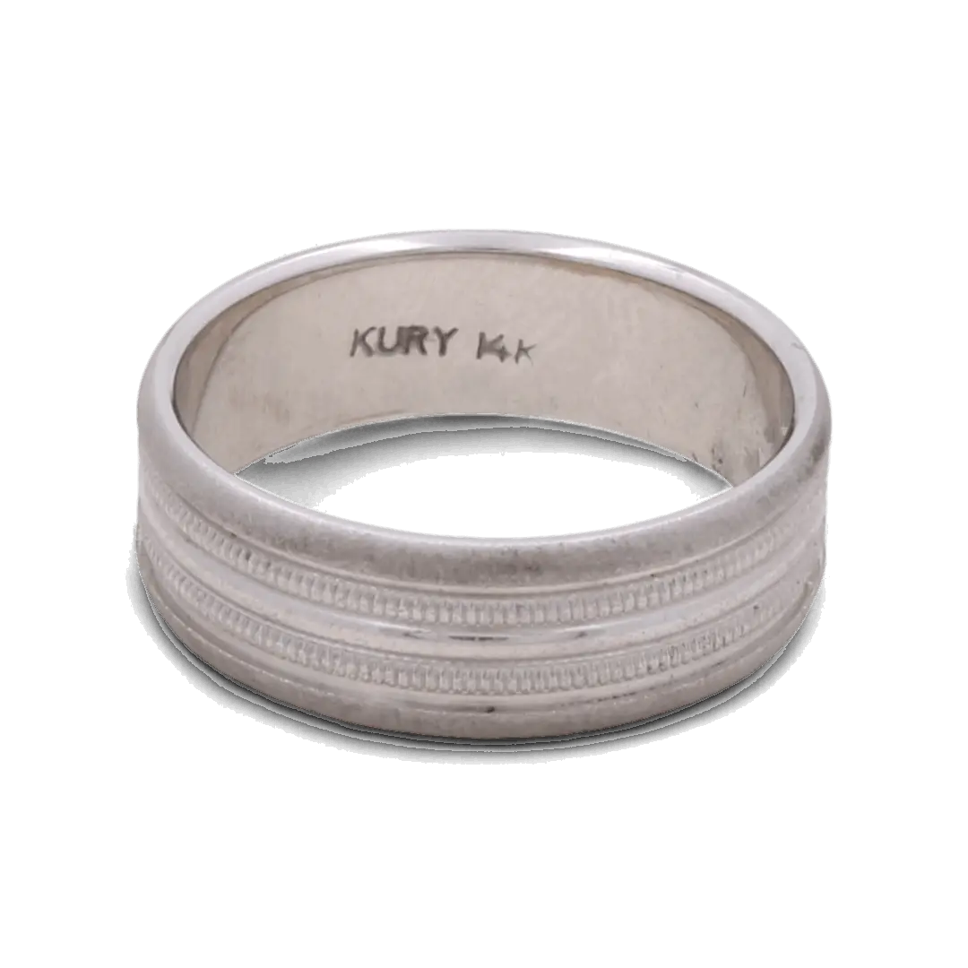 A Miral Jewelry 14K White Gold Wedding Men Ring, featuring a silver hue with an engraved design and the inscription "KURY 14K" inside the band.