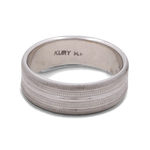 A Miral Jewelry 14K White Gold Wedding Men Ring, featuring a silver hue with an engraved design and the inscription "KURY 14K" inside the band.