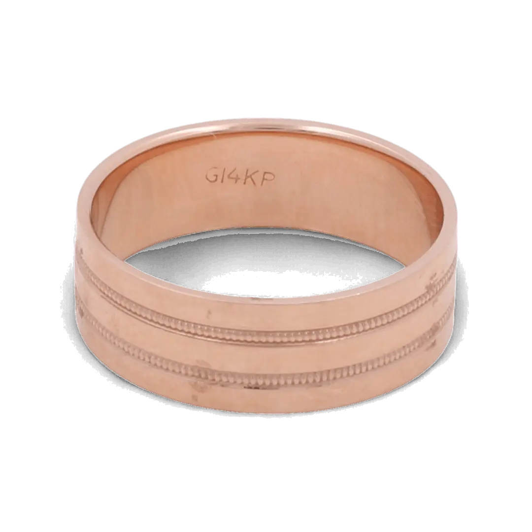 An elegant men's wedding ring in 14K rose gold from Miral Jewelry, featuring textured bands and engraved with "G14KP" on the inner surface.