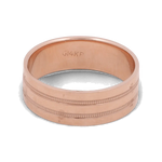 An elegant men's wedding ring in 14K rose gold from Miral Jewelry, featuring textured bands and engraved with "G14KP" on the inner surface.