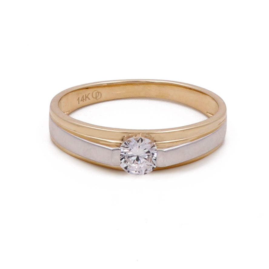 A Miral Jewelry 14K Yellow and White Gold Men's Wedding Band with Cubic Zirconias, featuring a single cubic zirconia centerpiece.