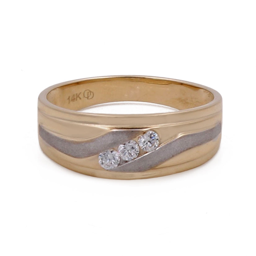 Miral Jewelry's 14K Yellow and White Gold Men's Wedding Band with Cubic Zirconias features a wave of dazzling stones.