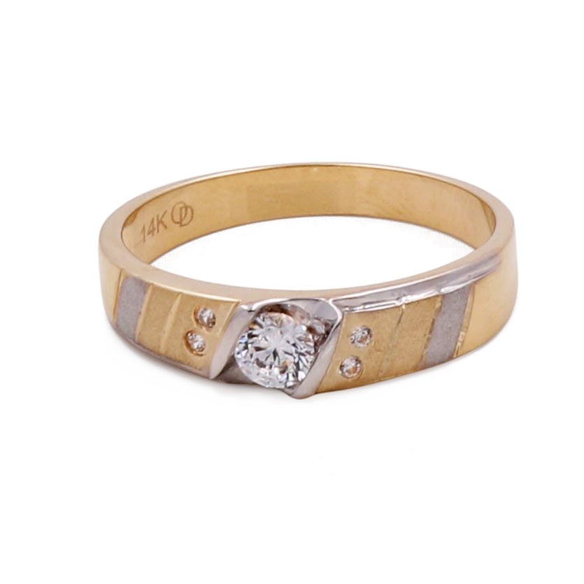Miral Jewelry's 14K Yellow and White Gold Men's Wedding Band with Cubic Zirconias features a central diamond and accent cubic zirconias on a white background.