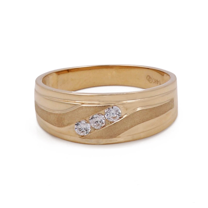 Miral Jewelry's 14K Yellow Gold Men's Wedding Band with Cubic Zirconias features a wavy design and three inset cubic zirconias.