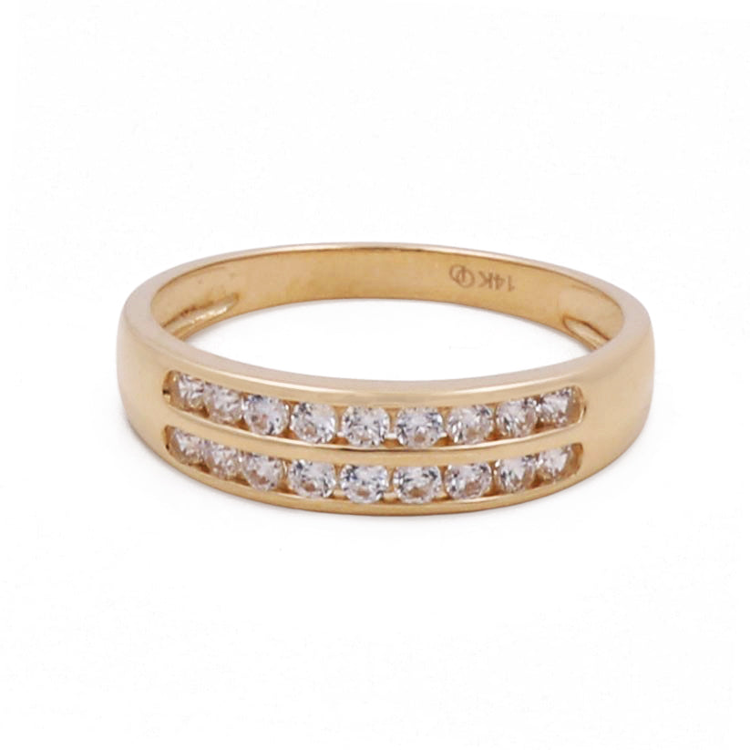Miral Jewelry offers a 14K Yellow Gold Men's Wedding Band with Cubic Zirconias inset in a row.