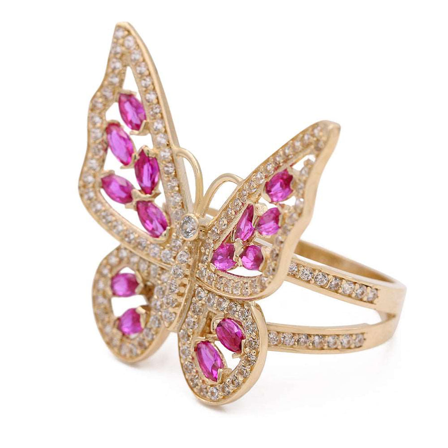 14k Yellow Gold Butterfly Ring With Red Cz