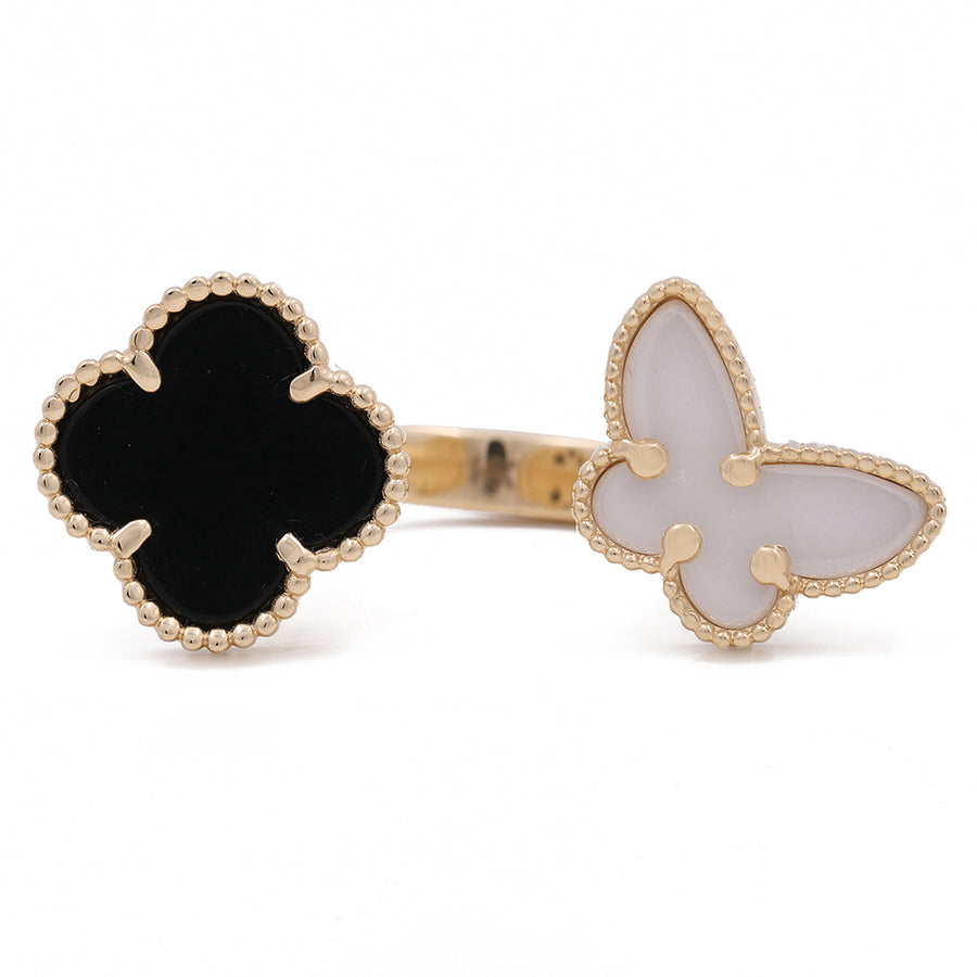 A 14K Yellow Gold Miral Jewelry Fashion Ring with Onyx and Mother Pearl Stone with a butterfly on it.