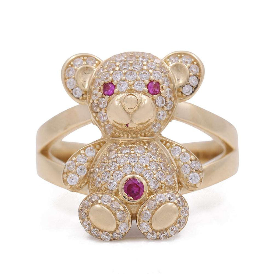 A timeless Women's Yelllow Gold 14K Bear Fashion Ring With Cz from Miral Jewelry adorned with rubies and diamonds features a charming teddy bear design.