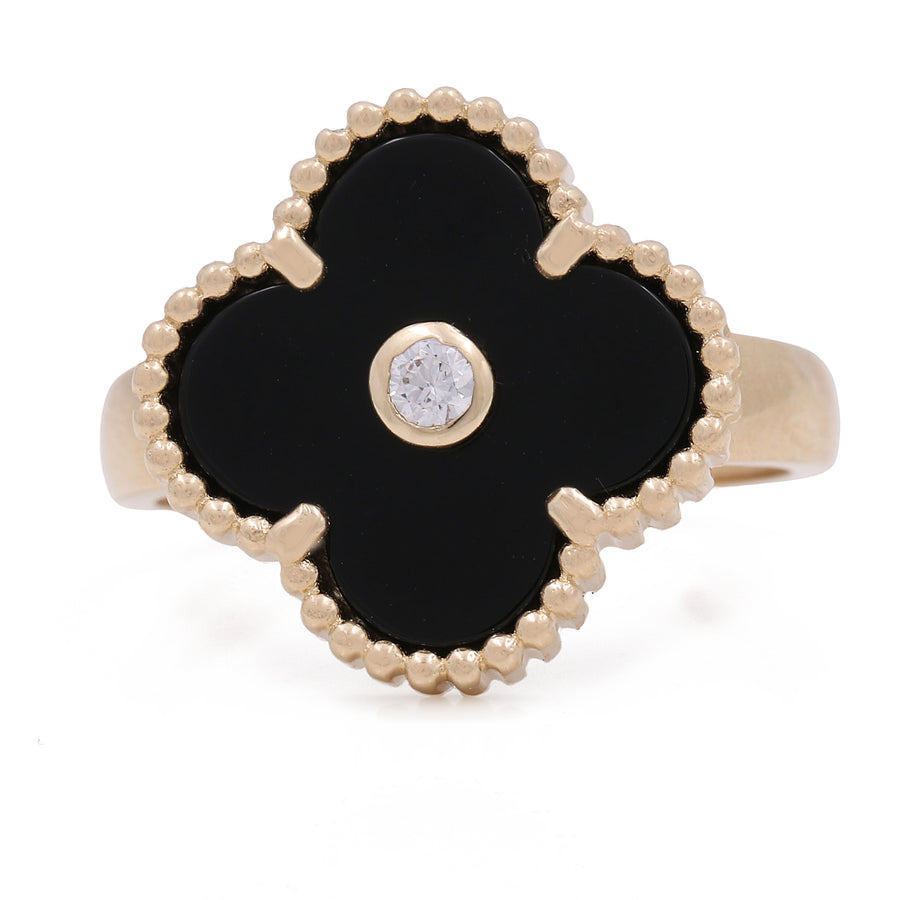 A Miral Jewelry Women's Yellow Gold 14K Flower Ring With Onyx Stone and Cz black onyx and diamond fashion ring.