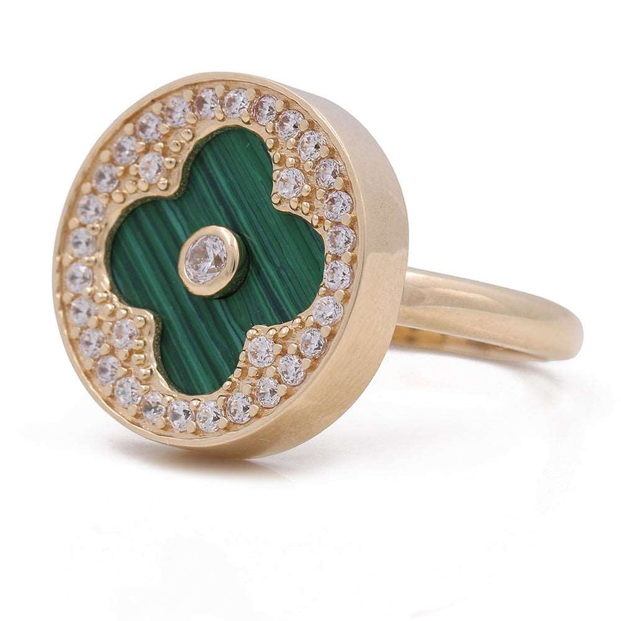 A stunning fashion ring featuring a Malaquita Stone and Cz set in Women's Yellow Gold 14K Flower Ring by Miral Jewelry.