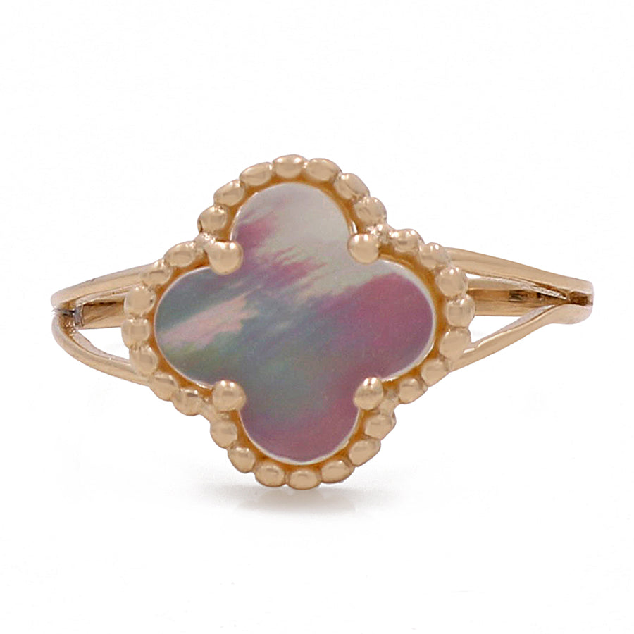 A Miral Jewelry 14K Yellow Gold Fashion Flower Women's Mother of Pearl Ring, perfect for a fashion-forward look.