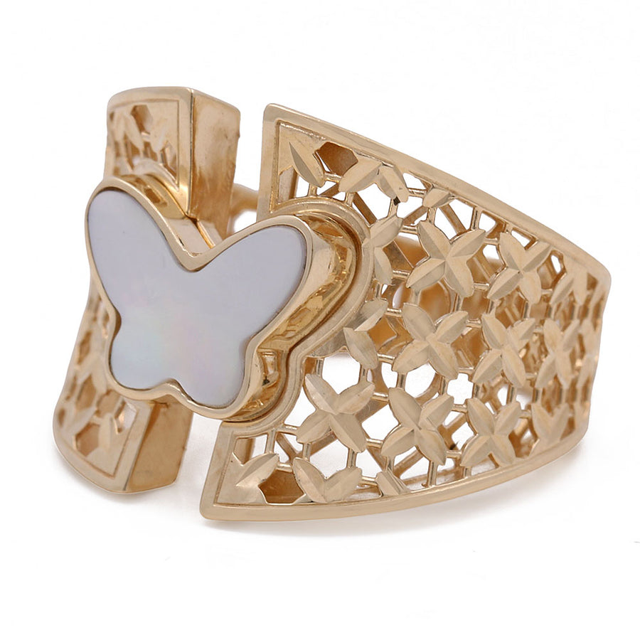 A Miral Jewelry 14K Yellow Gold Women's Fashion Butterfly Mother of Pearl Ring is adorned with a white mother of pearl.
