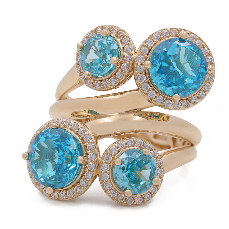 A Miral Jewelry 14K Yellow Gold Women's Fashion Blue Stones Ring with Cubic Zirconias.