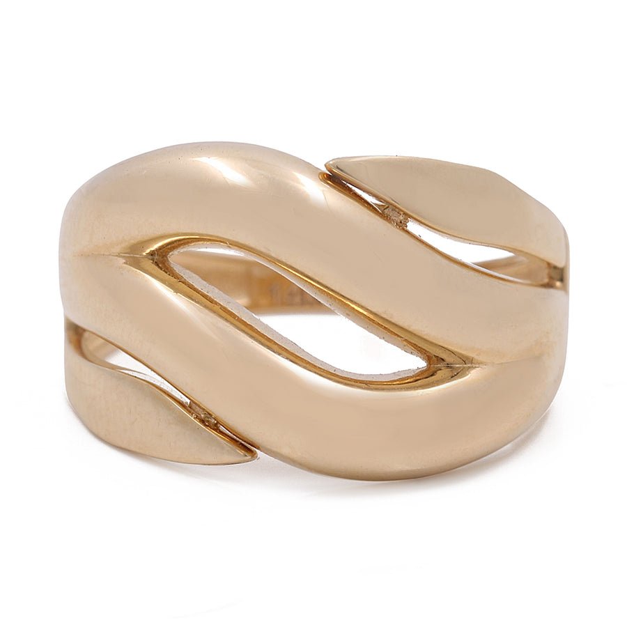 A 14K Yellow Gold Women's Fashion Ring from Miral Jewelry with a curved design, adorned with cubic zirconias.