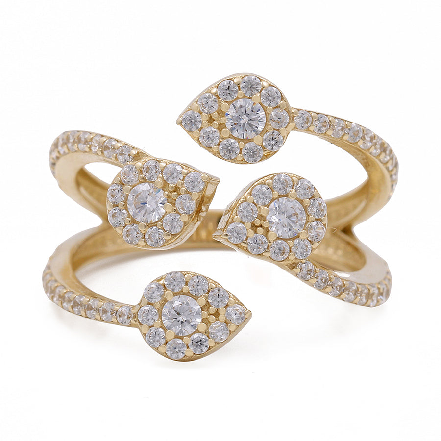 A Miral Jewelry women's fashion ring made of 14K yellow gold, featuring three cubic zirconias in the center.