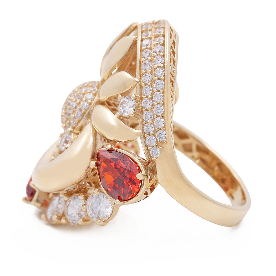 A Miral Jewelry 14K Yellow Gold Women's Ring with Color Stone and Cubic Zirconias with red and white diamonds.