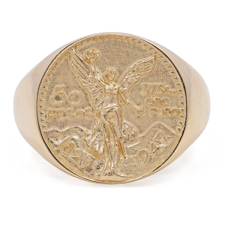 Miral Jewelry 14K Yellow Gold Men's Ring with 50 Pesos Liberty Engraving Design, a timeless luxury featuring an image of an angel and the Mexican coin.
