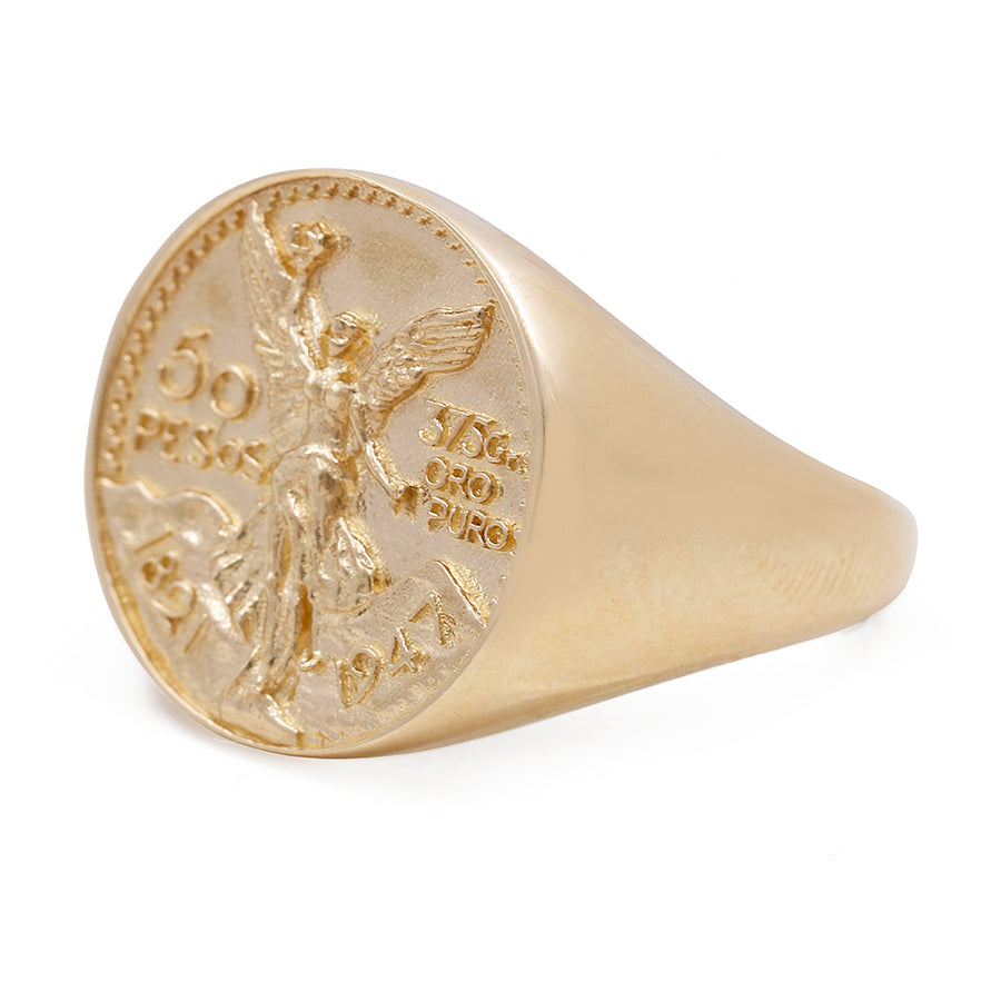 A timeless luxury, Miral Jewelry's 14K Yellow Gold Men's Ring with 50 Pesos Liberty Engraving Design.