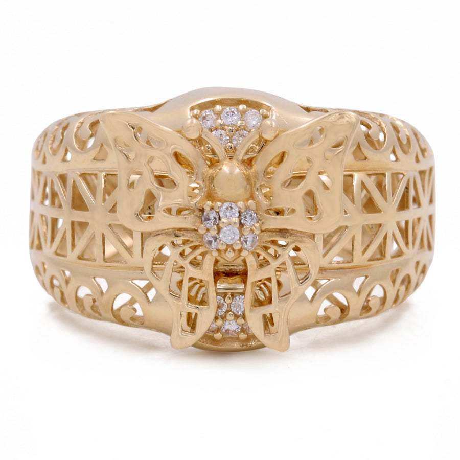 A Miral Jewelry 10K Yellow Fashion Filigree Butterfly Ring with Cubic Zirconias embellished with diamonds.